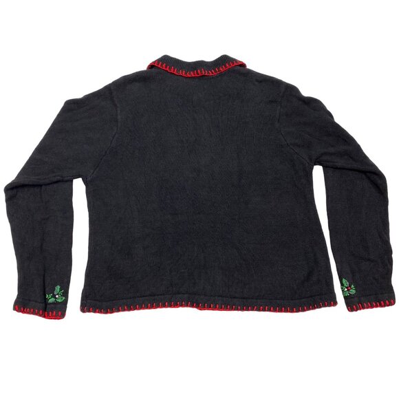 Womens Vtg Christmas Cardigan Sweater BP Design Medium Black Embroidered Beaded - Picture 2 of 16